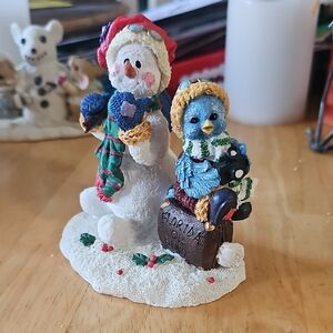 Festive Snowman and Bird Figurine